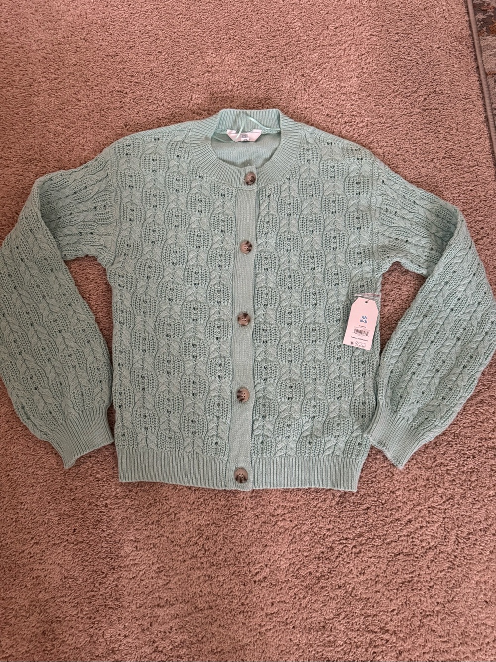Time and Tru Mint Green Openwork Knit Button Cardigan